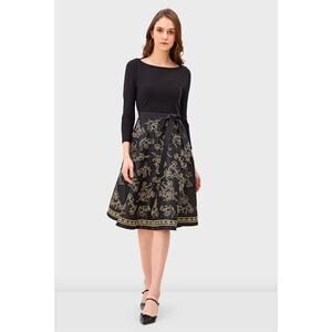 Eshakti Jersey Knit Embroidery Dupioni Dress Black Gold Floral Size 10 Old Money
